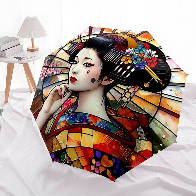 Geisha Themed Automatic Opening and Closing Umbrella, Brightly Colored 8 rib Portable Umbrella, Suitable for Men and Women, A Perfect Gift f