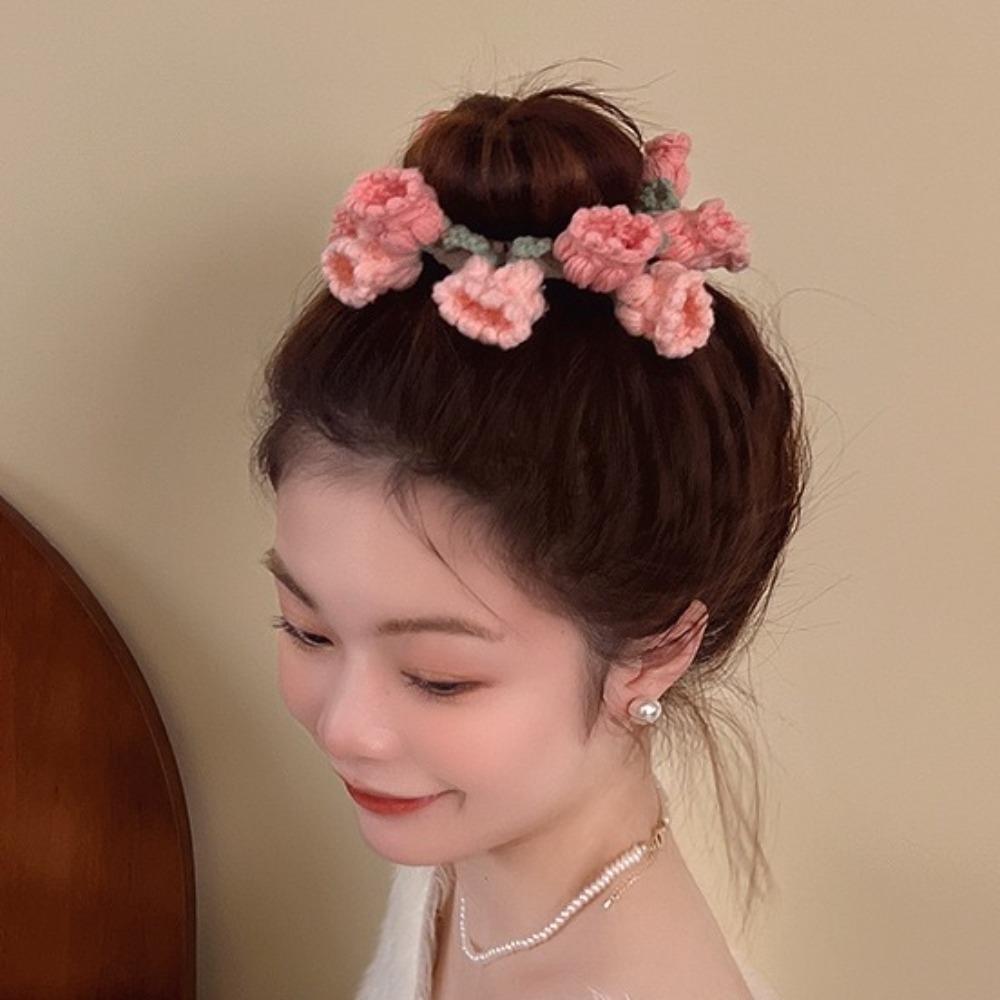 Elastic Crocheted Flower Scrunchies Handmade Sweet Hair Tie Cute Knitted Hair Rope Ponytail Band
