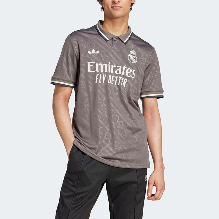 Мужская повседневная футболка с коротким рукавом Adidas Originals серии REAL MADRID, буквенная, угольно-серого цвета, для футбола