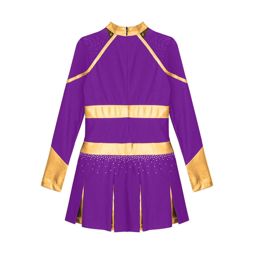 Kids Girls Cheerleading Dance Dress Letter Pattern Shiny Metallic Long Sleeve Pleated Dress