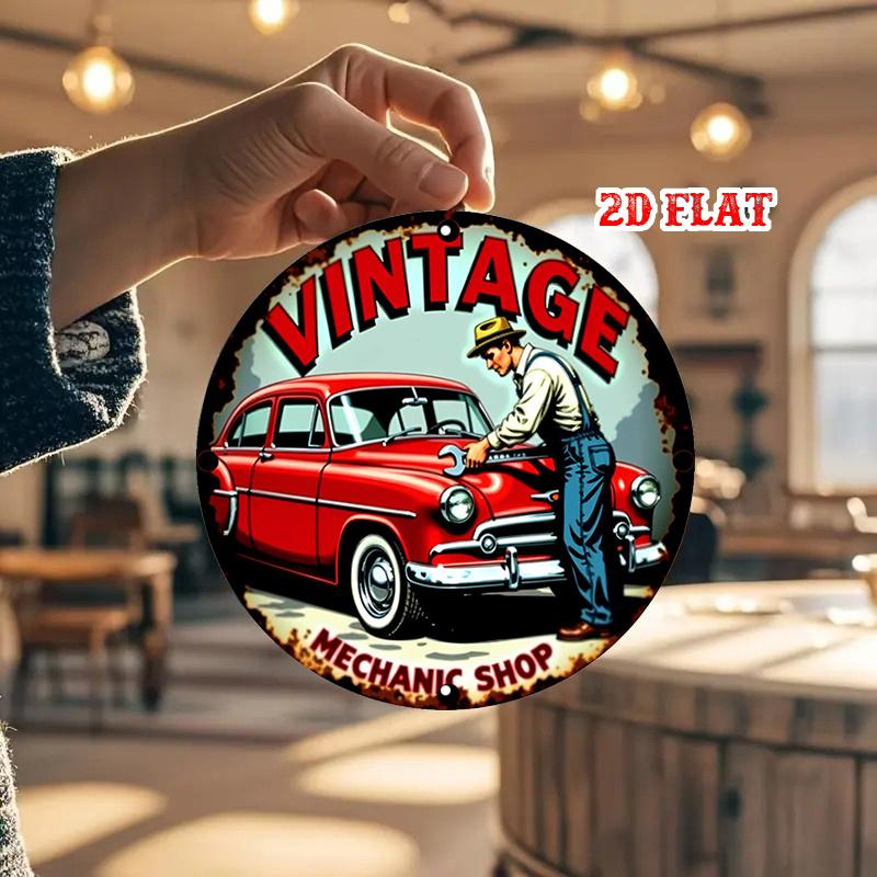 D Flat pc Vintage Car Round Aluminum Sign Mechanic Workbench Metal Sign Nostalgic Style X Round Aluminum Sign