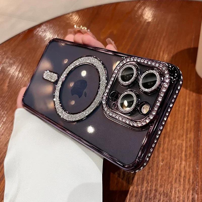 Модный прозрачный чехол для телефона с блестящими бриллиантами для iPhone 16 15 14 13 12 11 Pro Max 15 Plus с магнитной поддержкой Magsafe для беспроводной зарядки