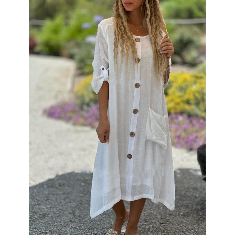 Весенне-осеннее женское платье больших размеров, повседневные длинные платья со свободными карманами и пуговицами