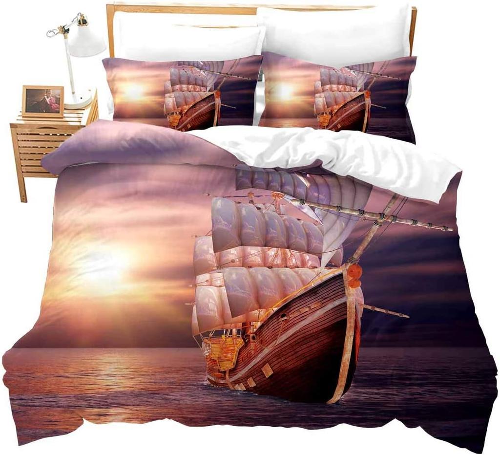 Морской комплект одеяла Синий океан Набор пододеяльника, Рисунок корабля на пляже, Декор якоря парусника, Угловые завязки, Волнистый узор