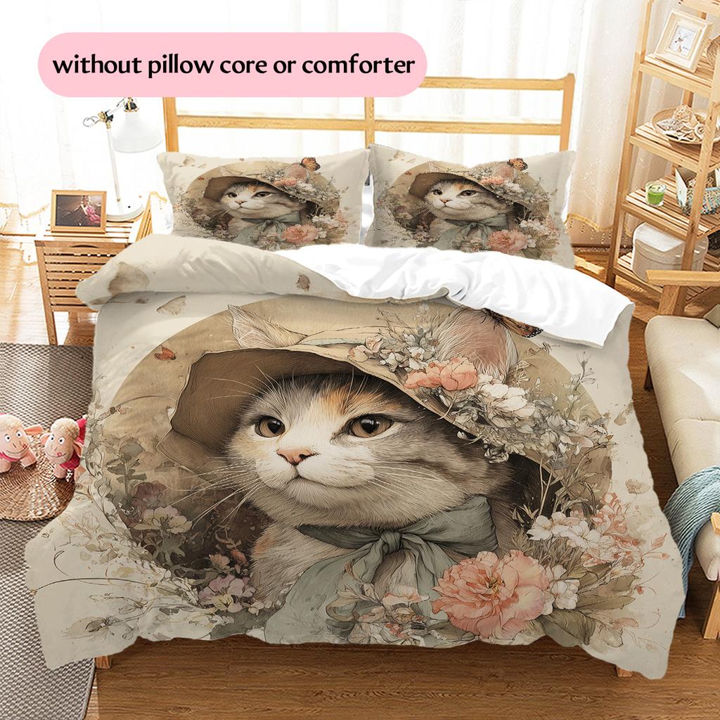 Cat with Vintage Hat Pattern Bedding Quilt Set Home Decoration Gift (1 * duvet cover + 2 * pillowcase, without core)