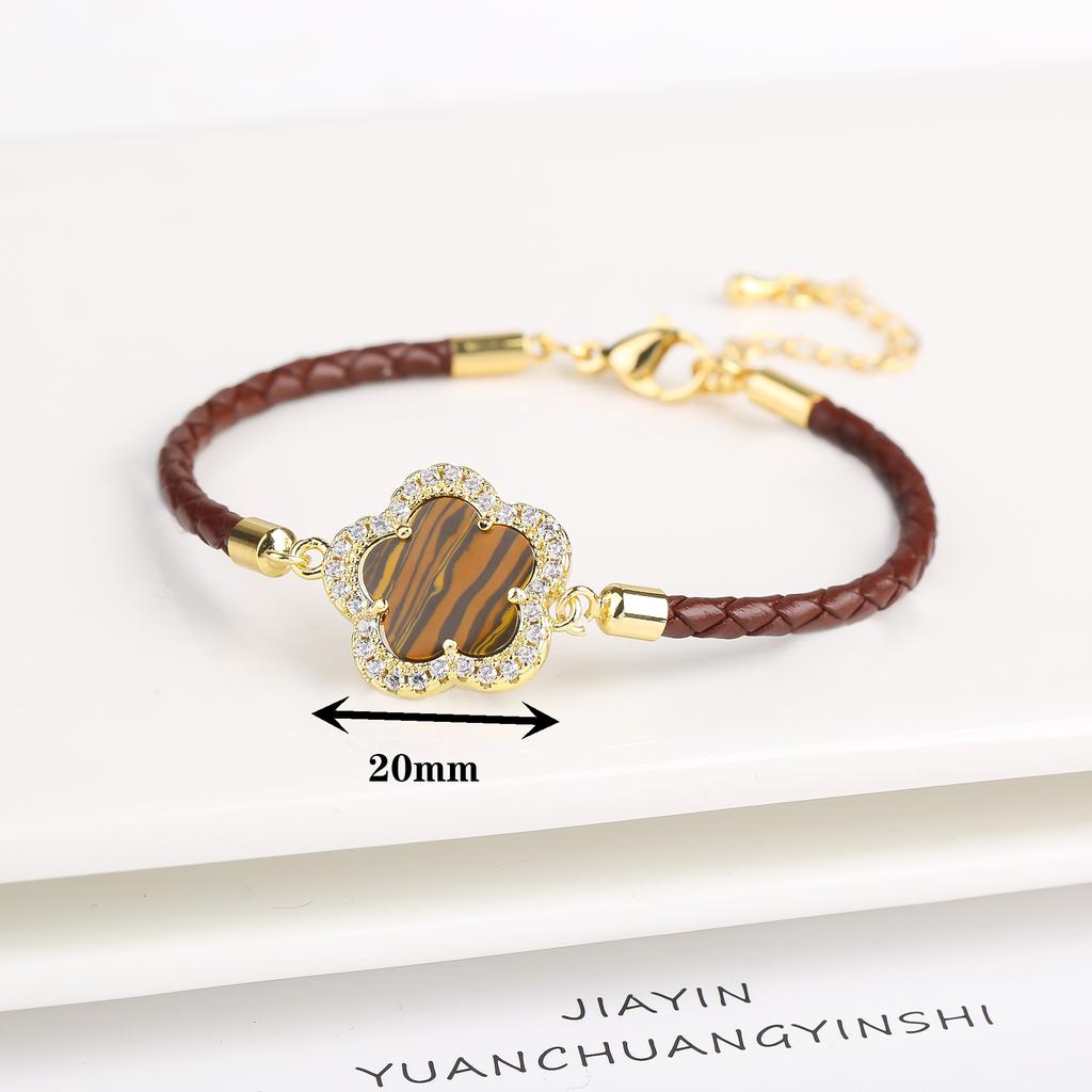 Классический плетеный браслет с натуральными камнями и подвеской «Пятилистник» из натуральной кожи для женщин, девушек, на вечеринку, свадьбу, ювелирный подарок