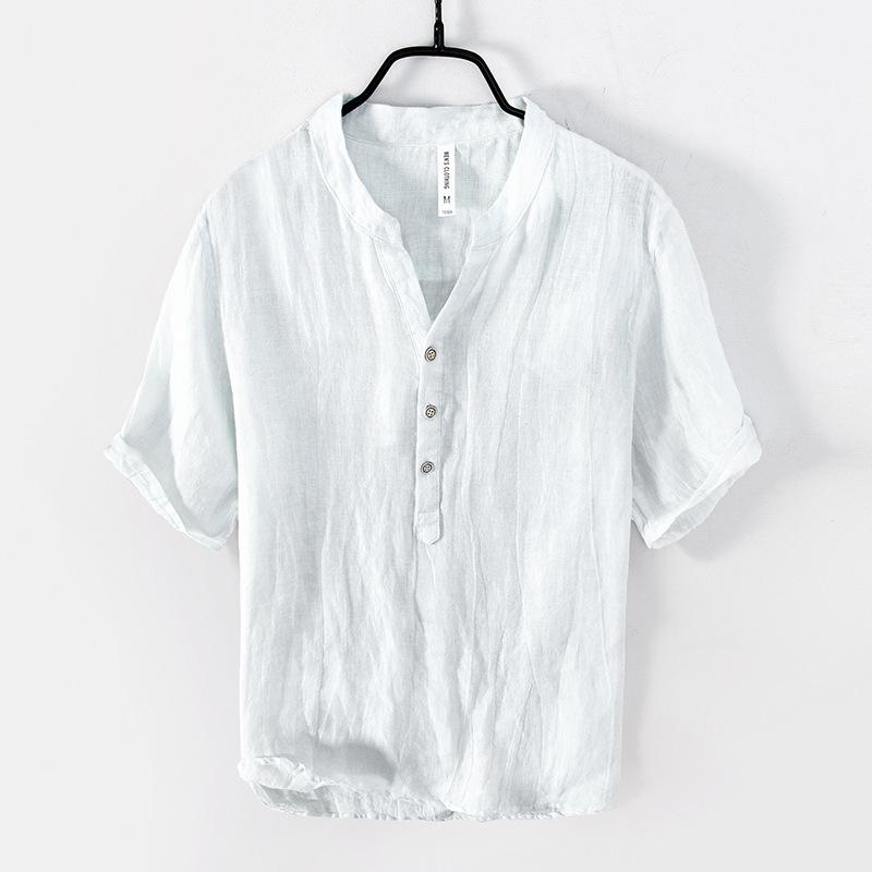 Men's Retro V-Neck Linen Stand Collar Short Sleeve T-Shirt - Plus Size, Thin & Breathable