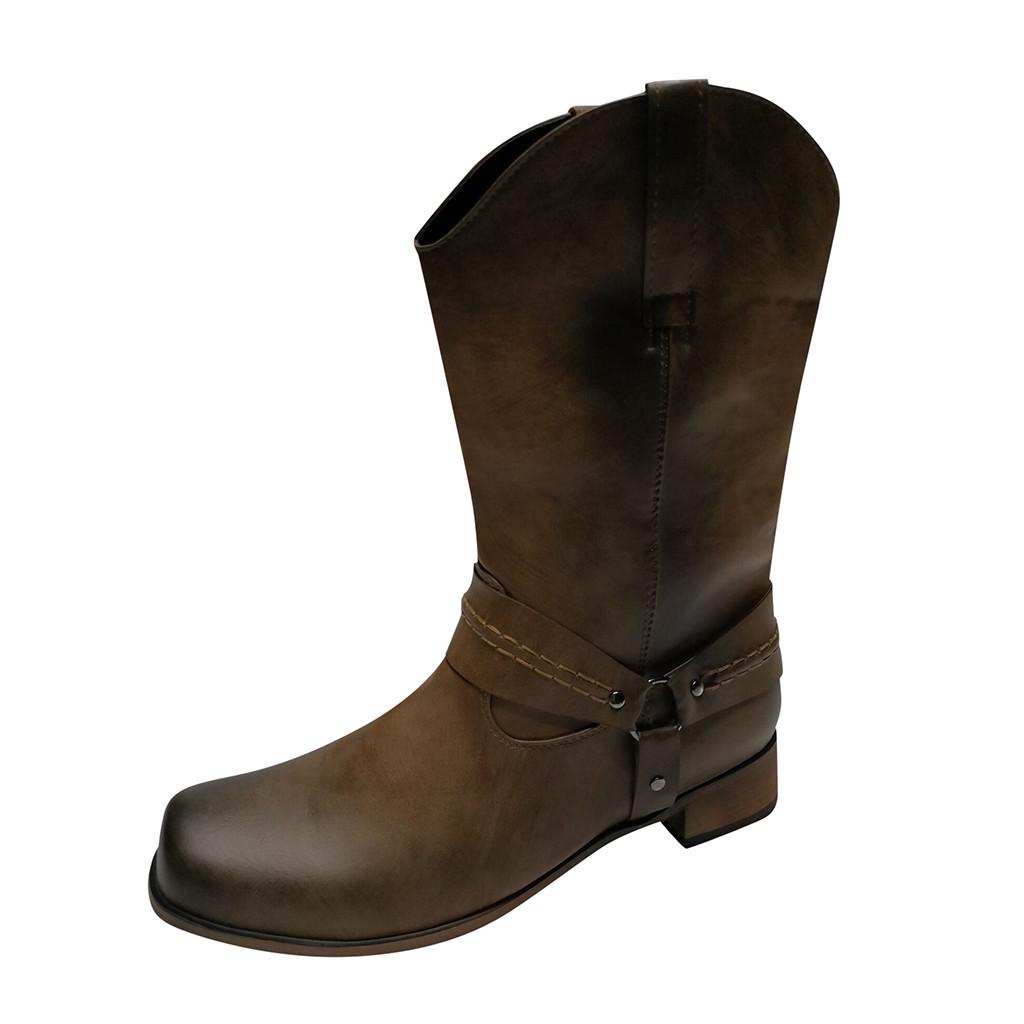 Мужские кожаные нескользящие туфли на низком каблуке с круглым носком и пряжкой, ковбойские сапоги