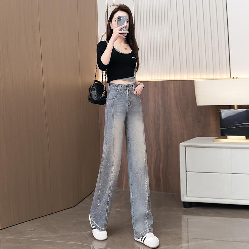 Hot diamond narrow version high waist wide leg jeans women's new summer pants drape wide leg straight pants