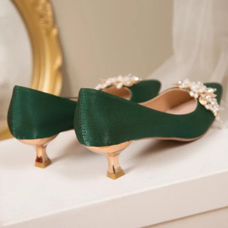 Fashion Luxury Women's Crystal Floral Pumps Spring 2025 Comfortable Med Heels Pointed Toe Party Wedding Shoes Woman Green Silk Pumps 41