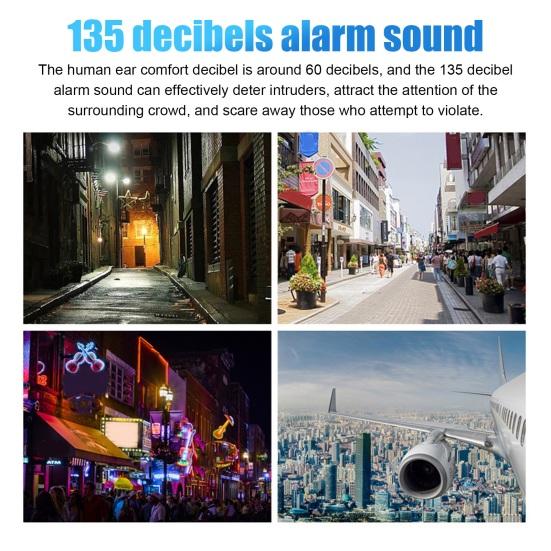 Женская личная сигнализация безопасности 135 дБ громкий звук Type-C перезаряжаемый портативный брелок с вытяжным кольцом и стробоскопом