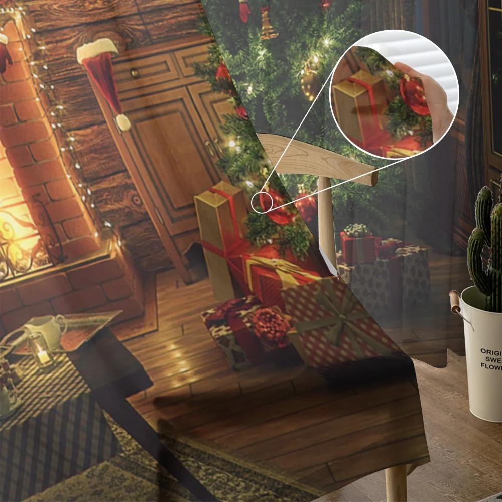 Christmas Room Christmas Tree Fireplace Tulle Sheer Window Curtains for Living Room Bedroom Modern Voile Organza Curtains Drapes