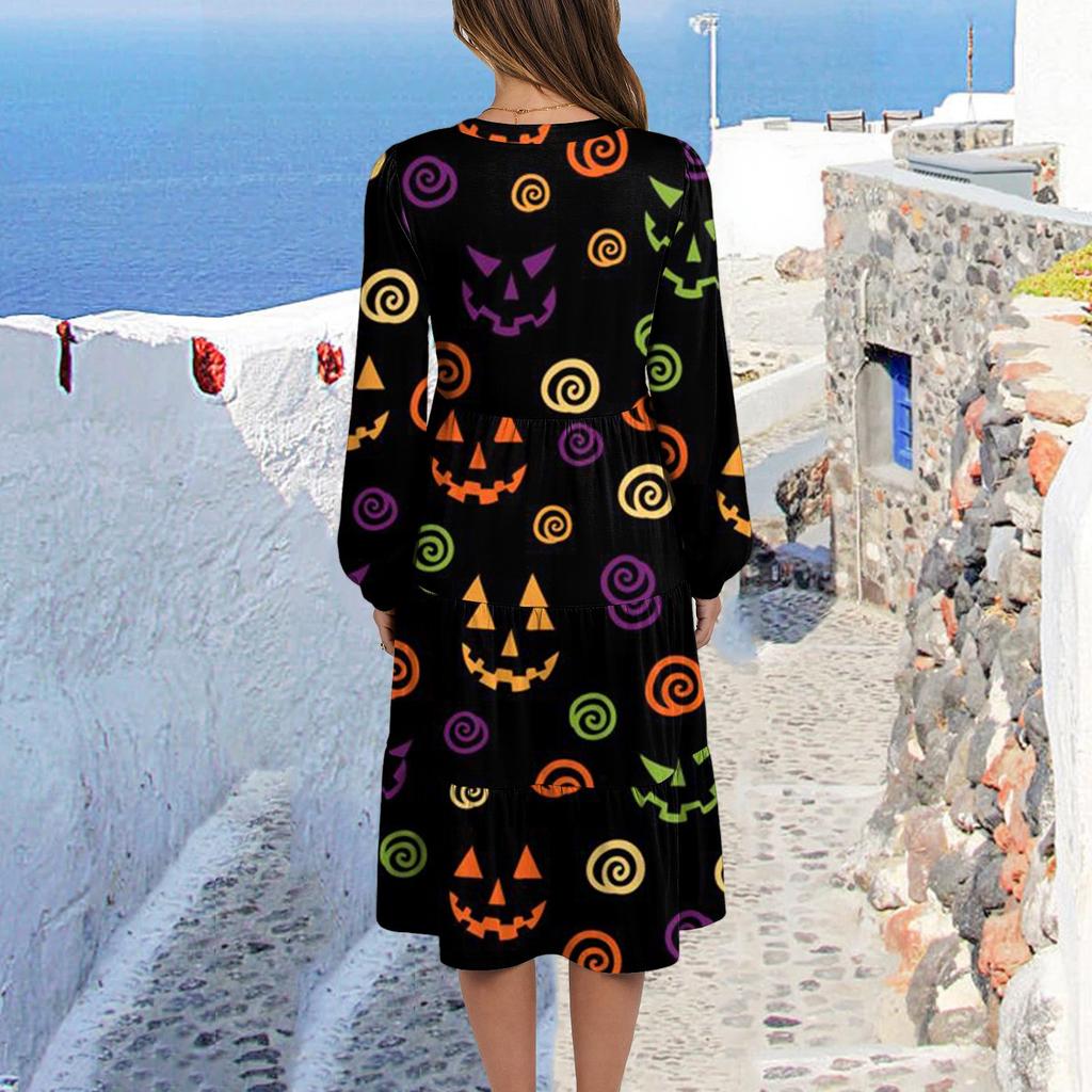 Women's V-Neck Flowing Layered Bohemian Long Sleeve Halloween Print Dress