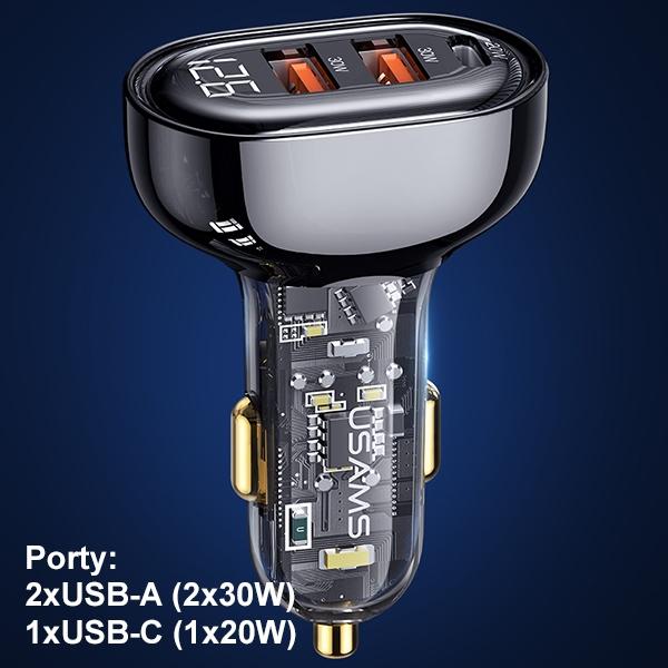 USAMS Car Charger 2xUSB+1xUSB-C 80WFast Charge blue CC159CC02 (US-CC159)