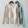 Autumn Winter Vintage Loose Long Sleeve Top Grid Pattern Cardigan Knitwear O-Neck Sweater