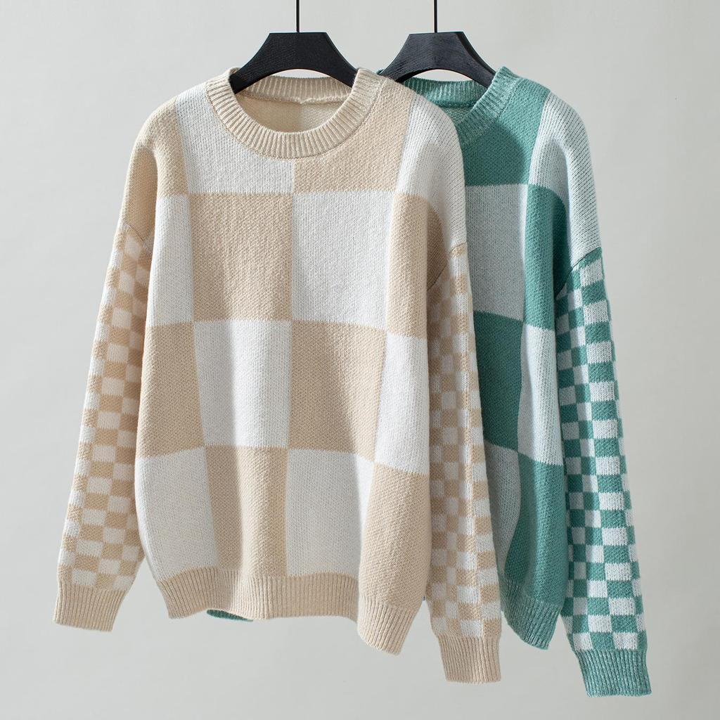 Autumn Winter Vintage Loose Long Sleeve Top Grid Pattern Cardigan Knitwear O-Neck Sweater