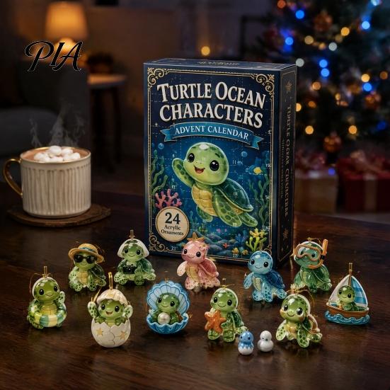 Christmas Countdown Blind Box 24 Days Turtle Advent Calendar, Ocean Box, Acrylic Creative Holiday Party Favors Animal Hanging Pendants for Tree