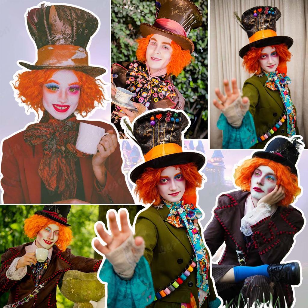 Синтетический короткий оранжевый кудрявый парик для косплея, Хэллоуина, аниме, смешные парики, унисекс, растрепанный парик для косплея, ролевая игра, парик Безумного Шляпника