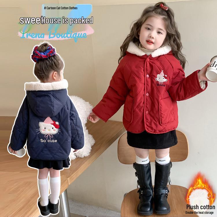 Детское красное хлопковое пальто с капюшоном и флисовой подкладкой - Милая мультяшная зимняя одежда на 2025 год
