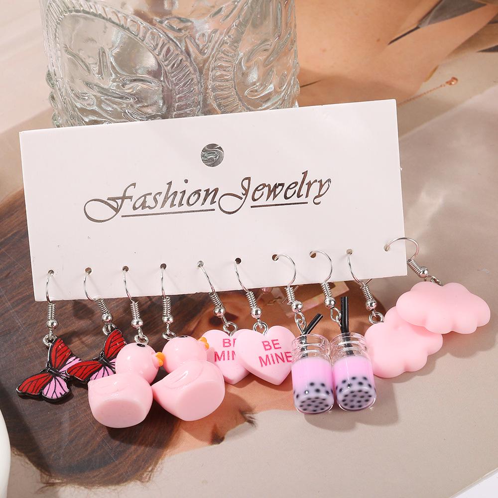 Cross-border Funny Barbie Pink Duck & Butterfly Earrings Set: 5 Pairs of Creative Acrylic Cloud & Peach Heart Designs.