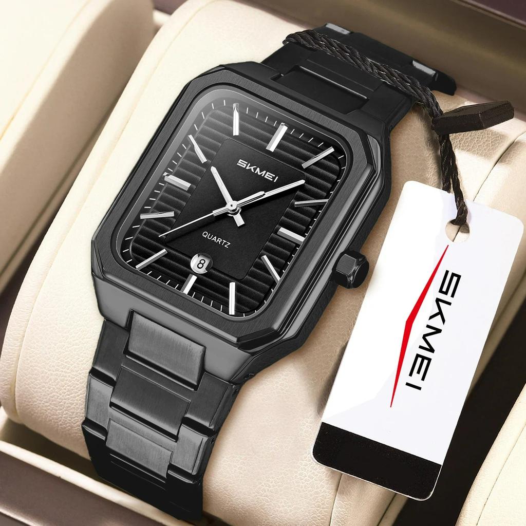 Skmei Роскошные Квадратные Кварцевые Часы для Бизнеса Классический Циферблат с Полосатым Дизайном с Браслетом из Нержавеющей Стали Наручные Часы для Мужчин