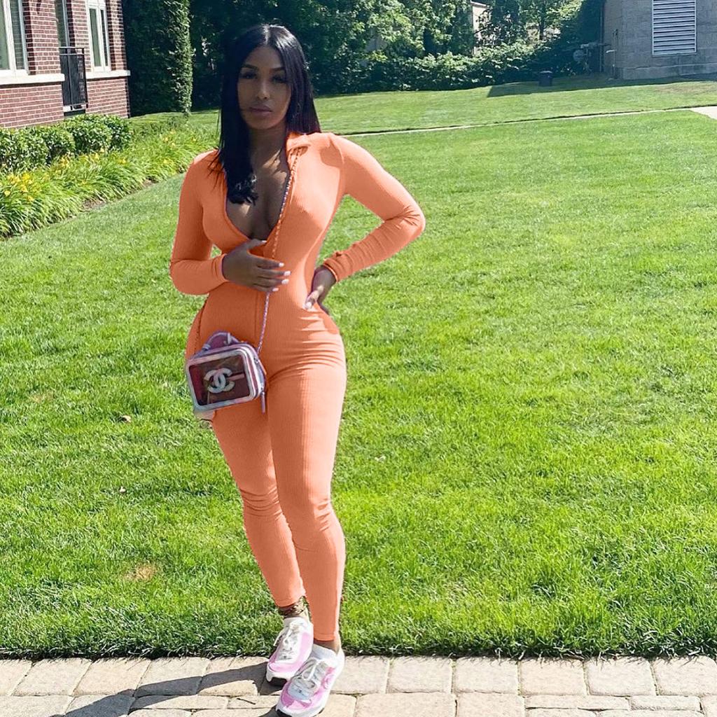 Women Casual Jumpsuit High Collar Slim Fitness Long Sleeve Female Tight Solid Color Jumpsuit