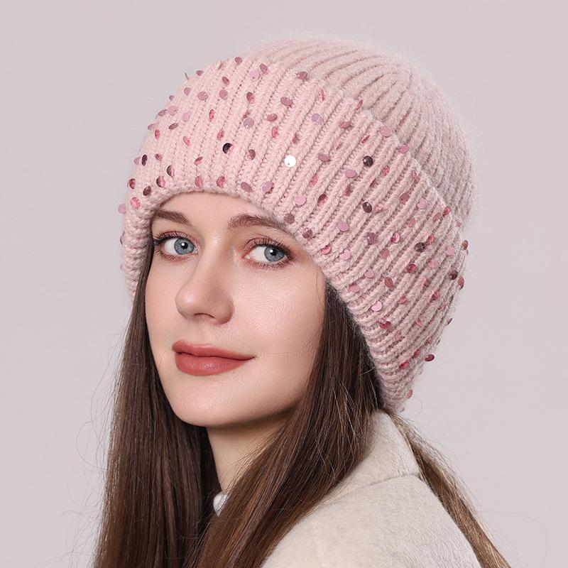 Вязаная шапка из кроличьего меха с пайетками, зимняя теплая шерстяная шапка, модная женская шапка-пуловер для защиты ушей