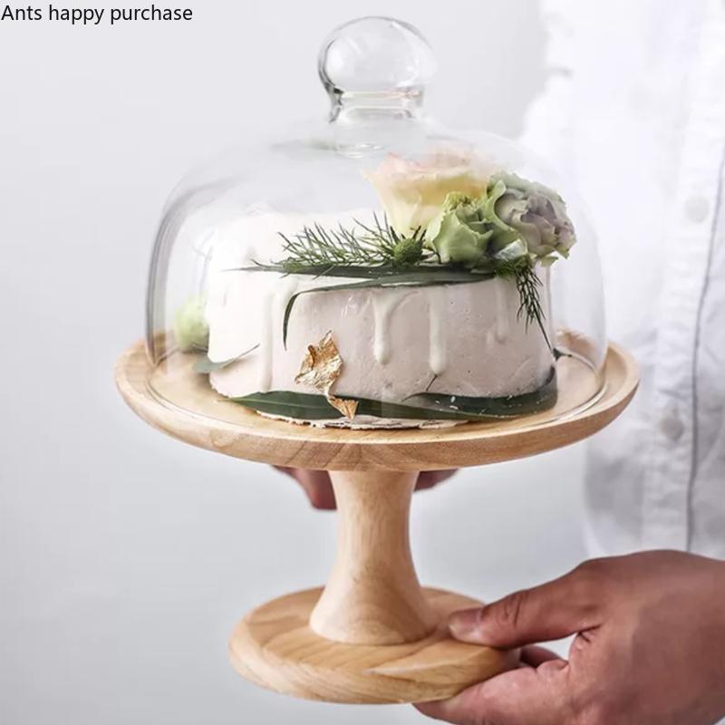 Wooden Tall Feet Cake Stand Glass Cover Cake Pan Dessert Plate Bread Pan Decorative Frame Display Stand Fruit Plate Snack Tray