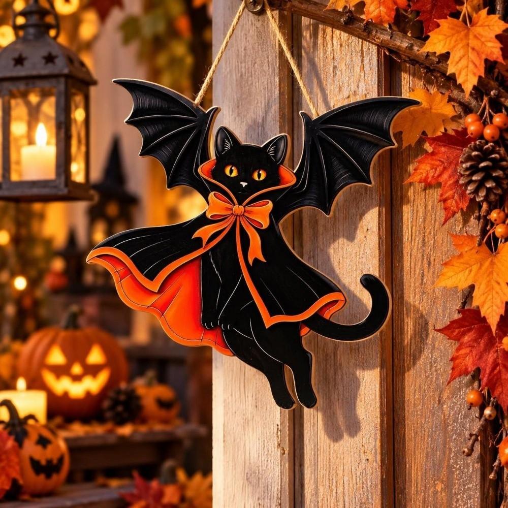 Wooden Black Cat Pendant Gothic Style Hanging Decoration Sign Halloween Decoration Home Decoration