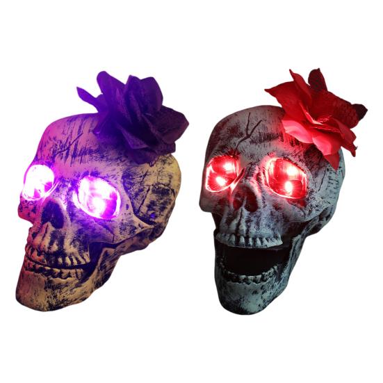 Halloween Skull Statue with Flower Plastic Small Size Human Head Bone Sculpture Collectible Skeleton Figurine for Indoor Outdoor Decor