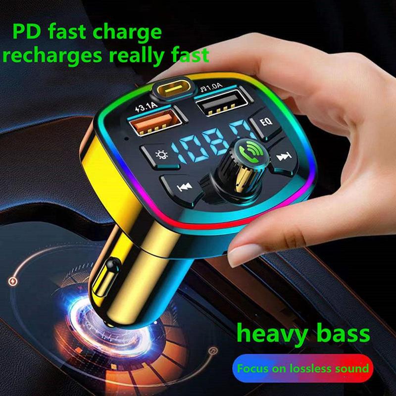 Bluetooth FM Transmitter Multi-Function Atmosphere MP3 Player for Car with QC3.0 Fast Charger, LED Mood Light Music Receiver