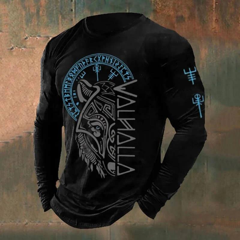 Men's Retro Viking Norse Mythology Totem 3D Printed Casual T-shirts Round Neck Fashionable Long Sleeved T-shirts