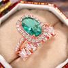 Huitan Opulent 2Pc/Set Rings with Green Cubic Zirconia Noble Rose Gold Color Accessories for Engagement Chic Wedding Jewelry