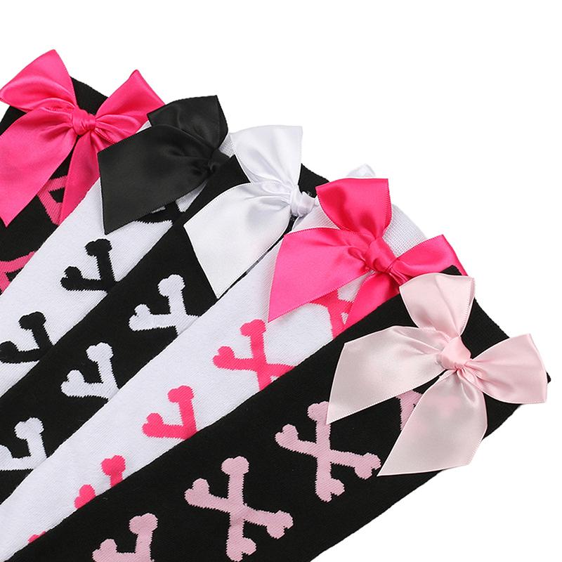 1 пара Черные Милые Розовые Чулки до Бедра в Стиле Y2K Harajuku Lolita для Девочек Носки с Костяным Бантом Streetwear