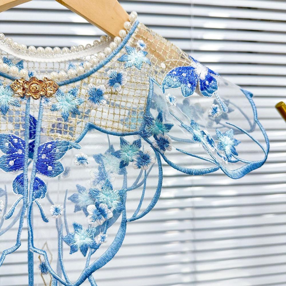 Кружевной шаль на шнуровке Синий с шипами Вышитый Накладной воротник Съемный воротник для рубашки