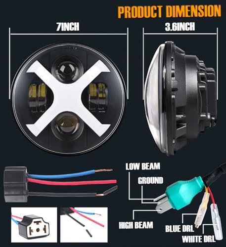 HENGTUAOTO 7" Светодиодная фара мотоцикла X-стиля с белыми/синими ДХО для Street Glide, Softail Heritage, Road King, Electra Glide