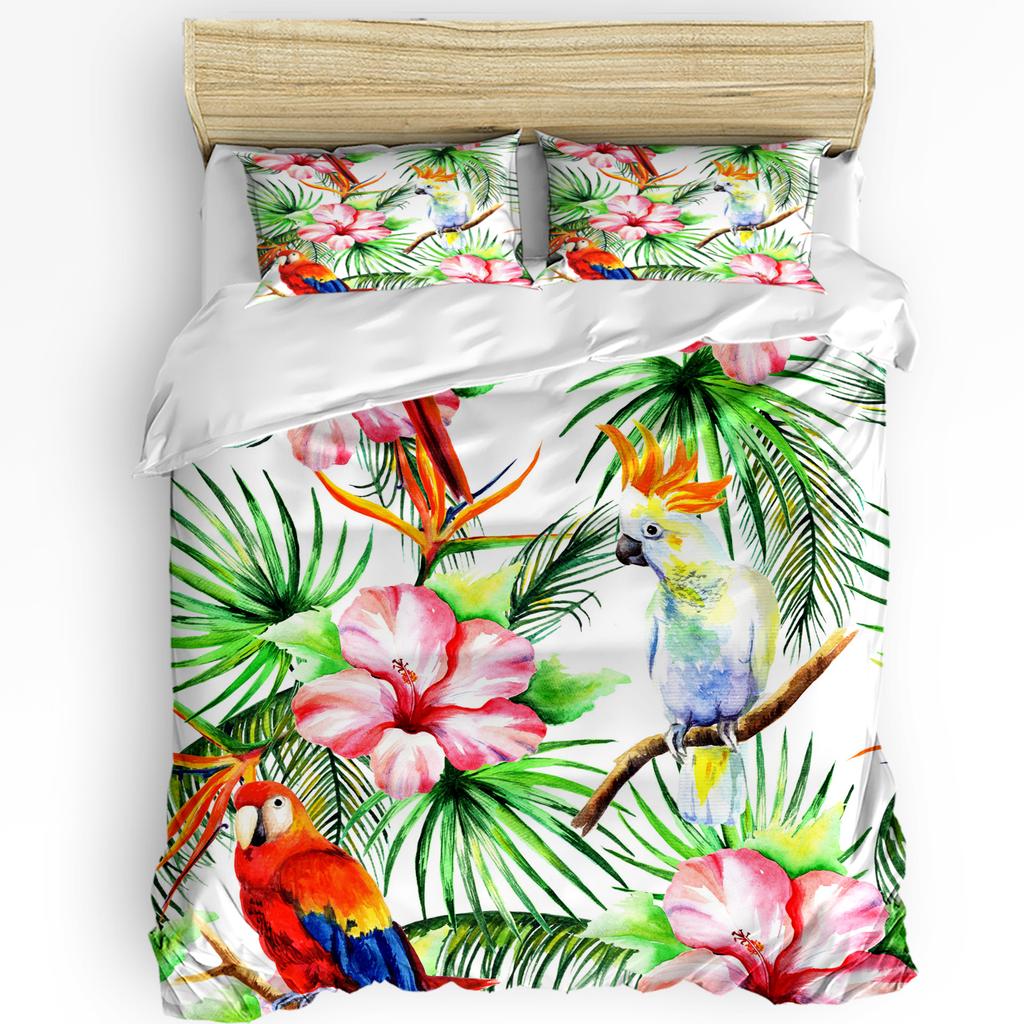 Green Parrot Animal Tropical Plant Flower 3Pcs Bedding Set For Double Bed Home Textile Duvet Cover Quilt Cover Pillowcase