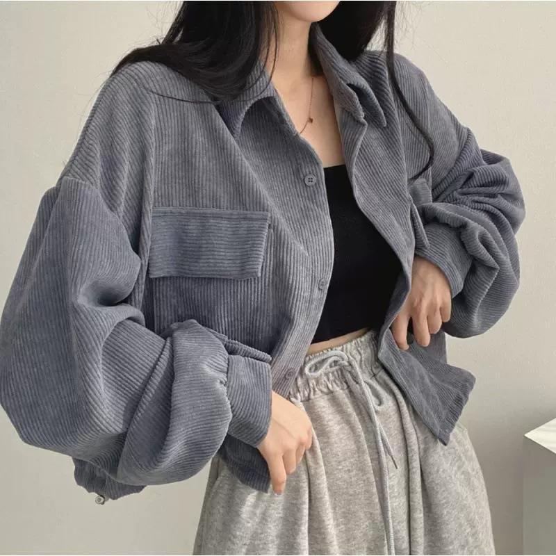 Women's Spring and Autumn Retro Loose Corduroy Thickened Versatile Stackable Long Sleeve Shirt Coat Women's Salt Series