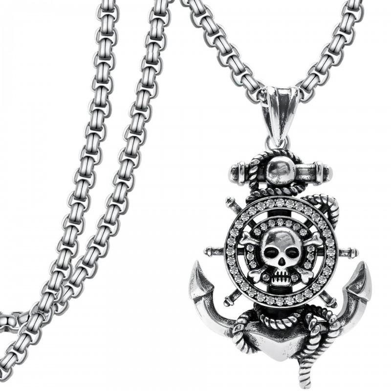 Vintage Skull Pendant Necklace Women Men Gothic Punk Jewelry Copper Heavyweight Statement Piece With Pearl Chain
