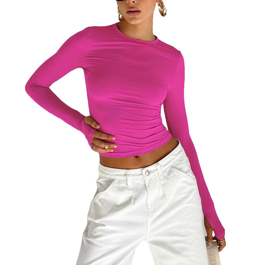2023 Women's Slim Fit Solid Color Long Sleeve T-Shirt - European & American Style Spring Collection