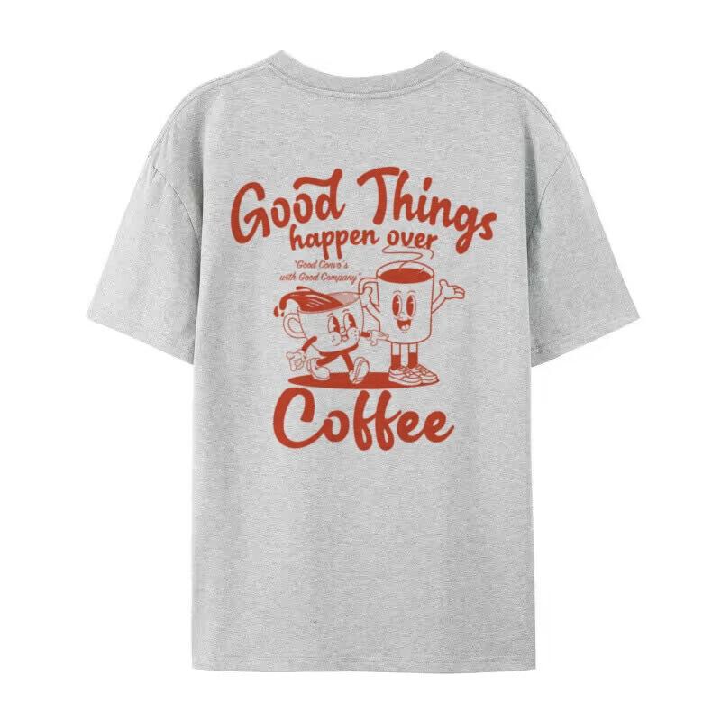 Coffee Addict Back Print Graphic Tees Unisex Funny Retro Cartoon T Shirt Short Sleeve Cotton Shirt Unisex Cool Streetwear Top