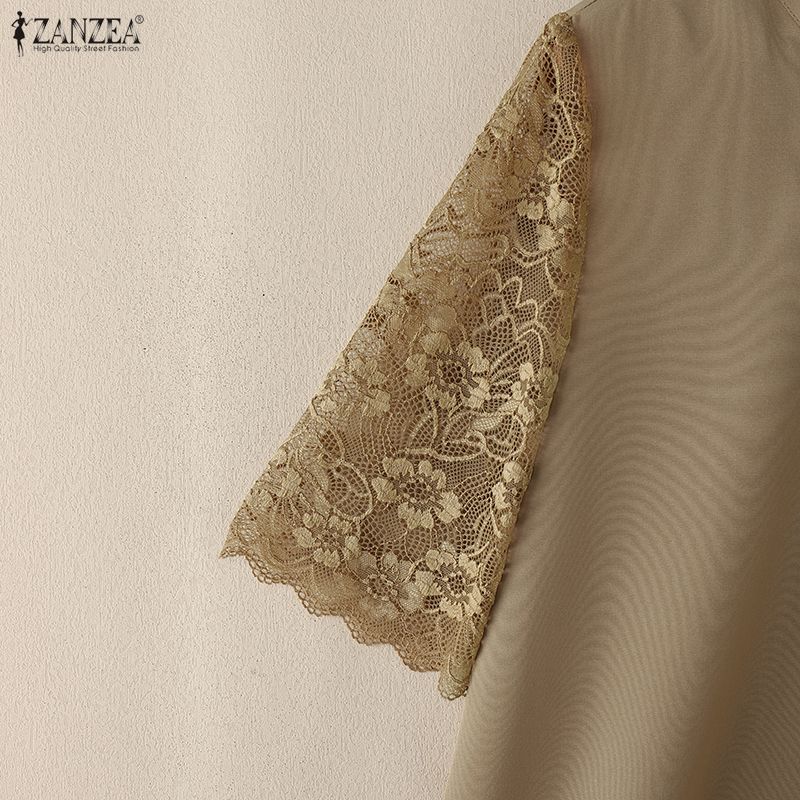 ZANZEA Женская повседневная блузка с круглым вырезом, кружевной вставкой и коротким рукавом