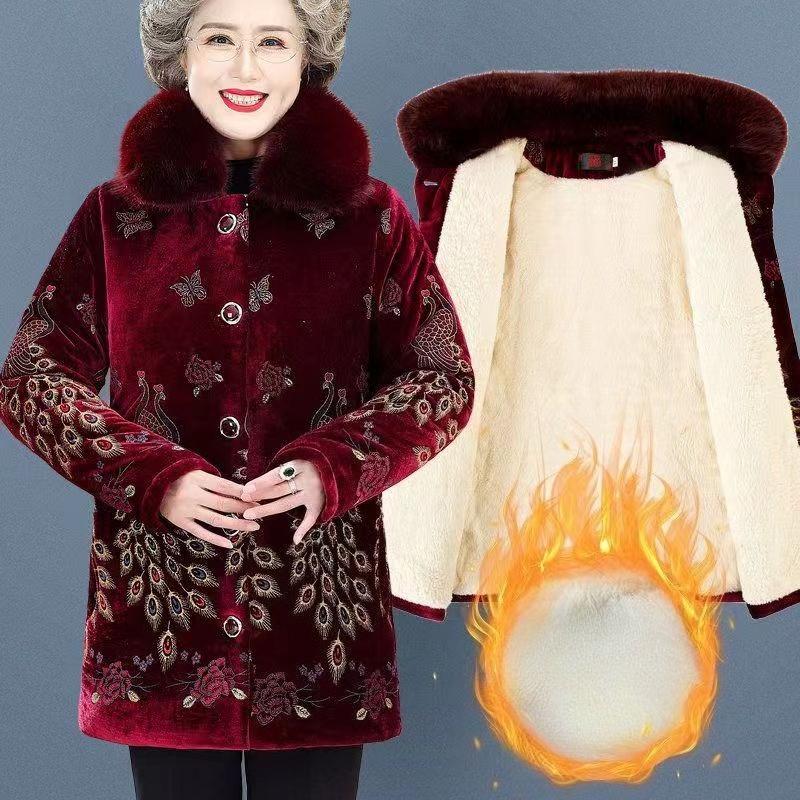 Winter Warm Fleece Lined Coat for Middle Aged Women Thickened Printed Cotton Clothes