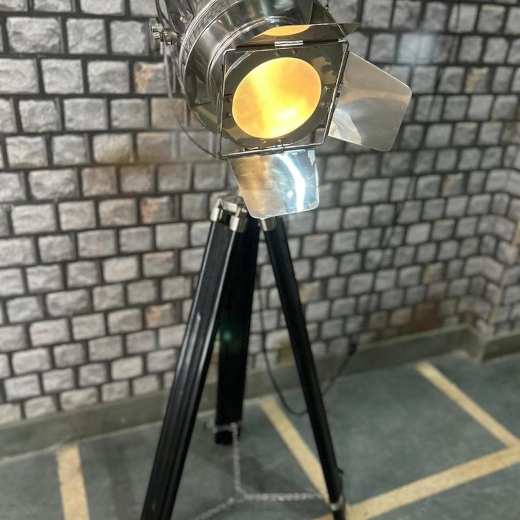 Chrome Finish Black Wood Tripod Floor Lamp - 70 Inch Industrial Nautical Spotlight - Designer Home Decor Searchlight