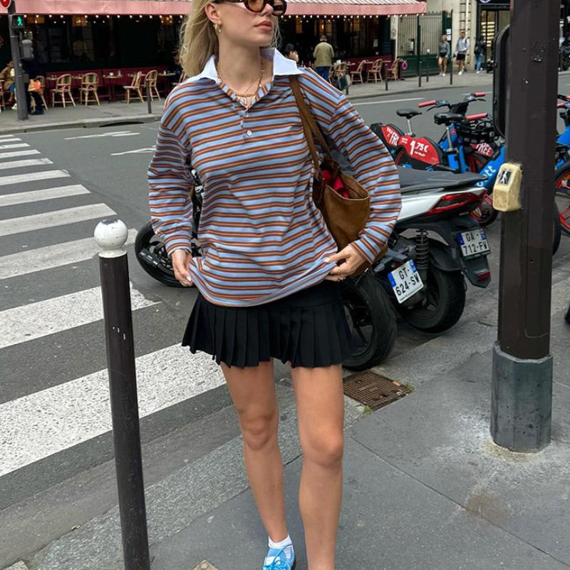 American Retro Autumn Winter V-Neck Color-Block Striped Long Sleeve T-Shirt Women's Cool and Spicy Personality Fashion Long Sleeve Top