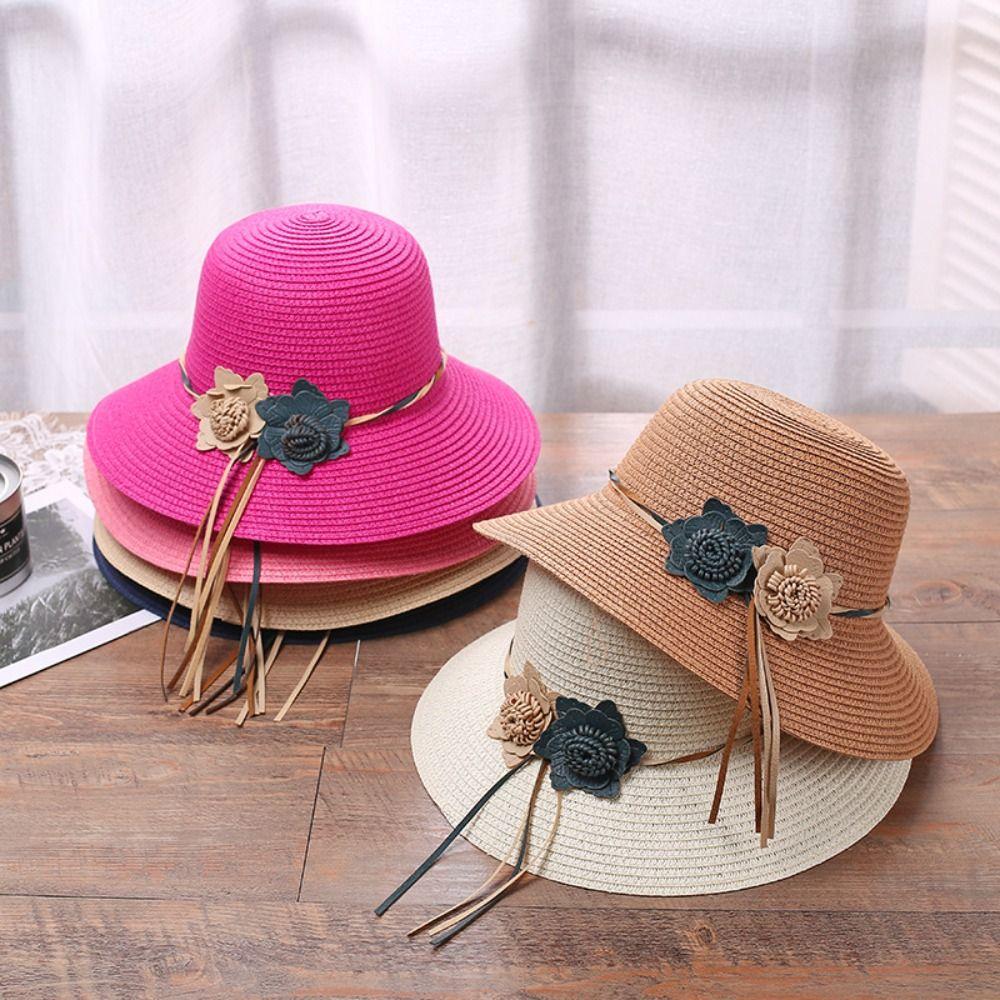 For Travel Woven Summer Beach Sunshade Hat Sun Hat Flower Straw Hat Panama Style Hat