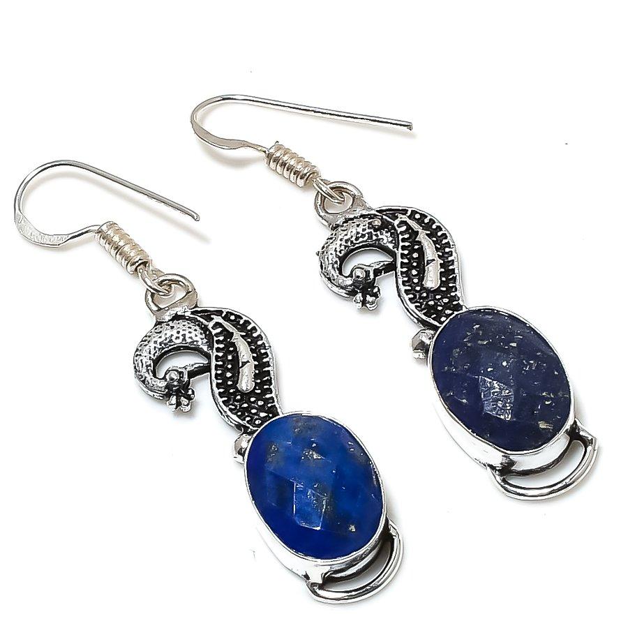 Лазурит Драгоценный камень 925 Стерлинговое серебро Подарок Ювелирное изделие Серьга 2.01"