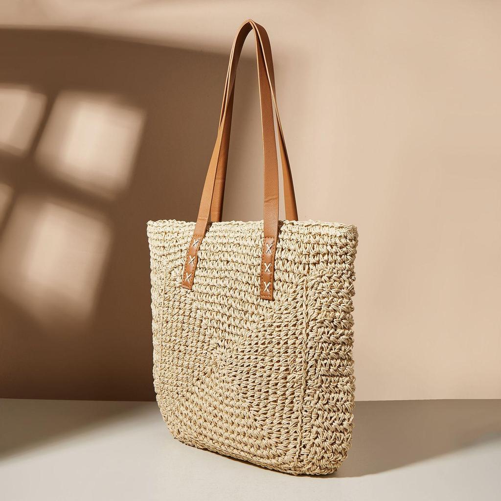 Vintage Straw Woven Shoulder Shopping Bag Casual Women Summer Large Capacity Beach Totes