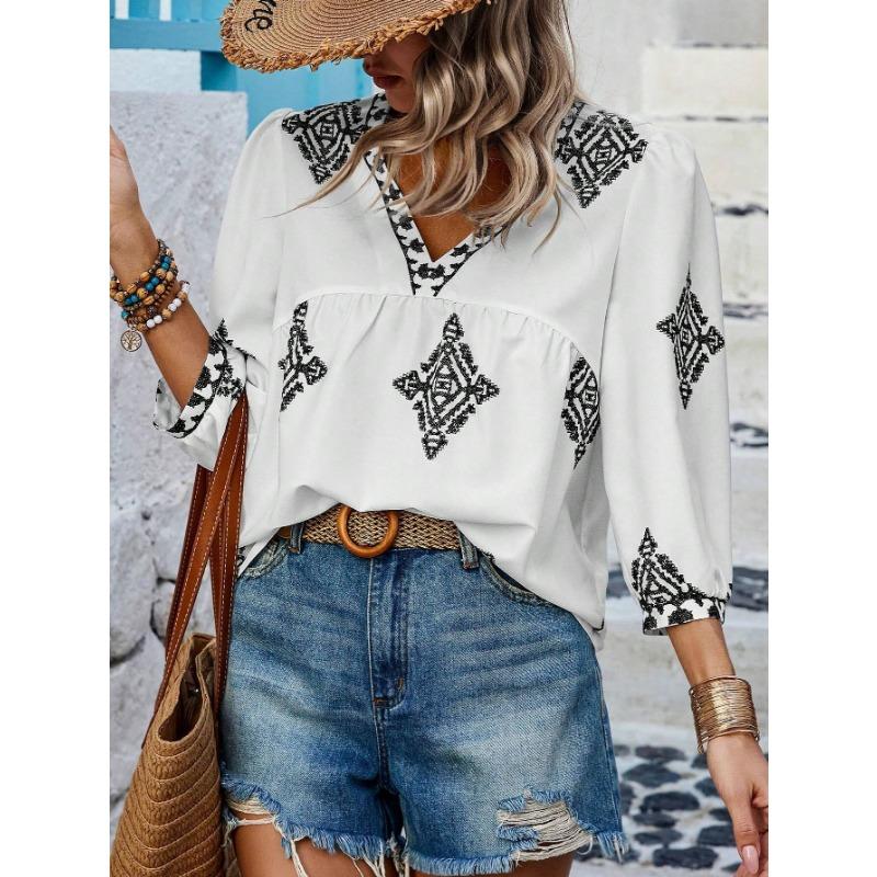 Женская рубашка, летняя модная, с принтом, с семью рукавами и V-образным вырезом