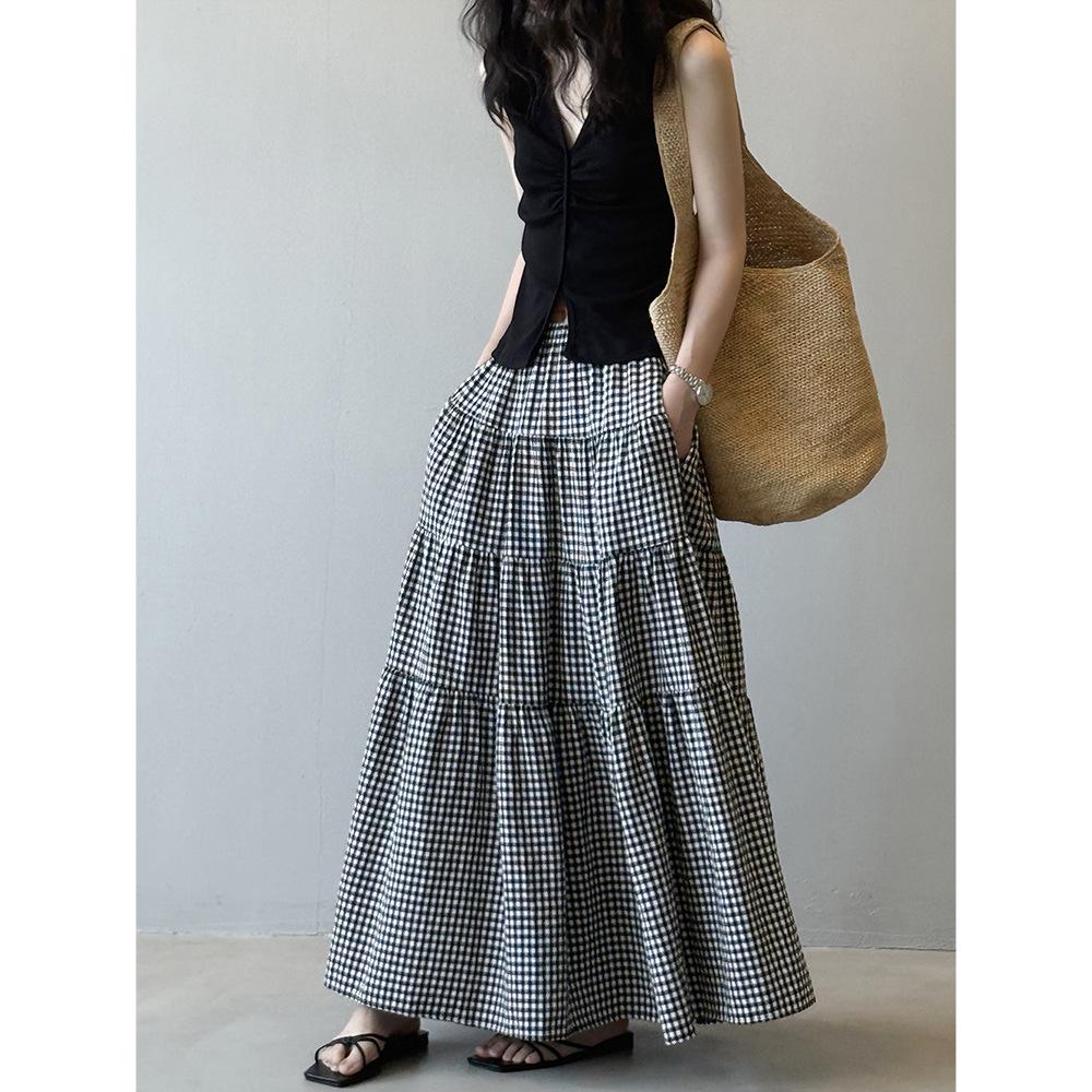 Женская миди-юбка А-силуэта в черно-белую клетку Yan Shuang, с высокой талией, свободного кроя, летний стиль